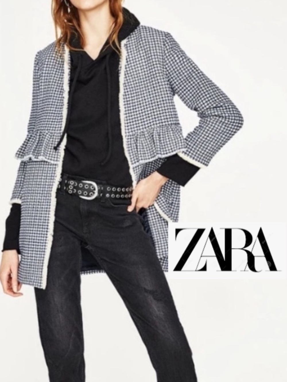 Zara Checked Tweed Open-Front Jacket/ Ruffled Trim S  GD1235